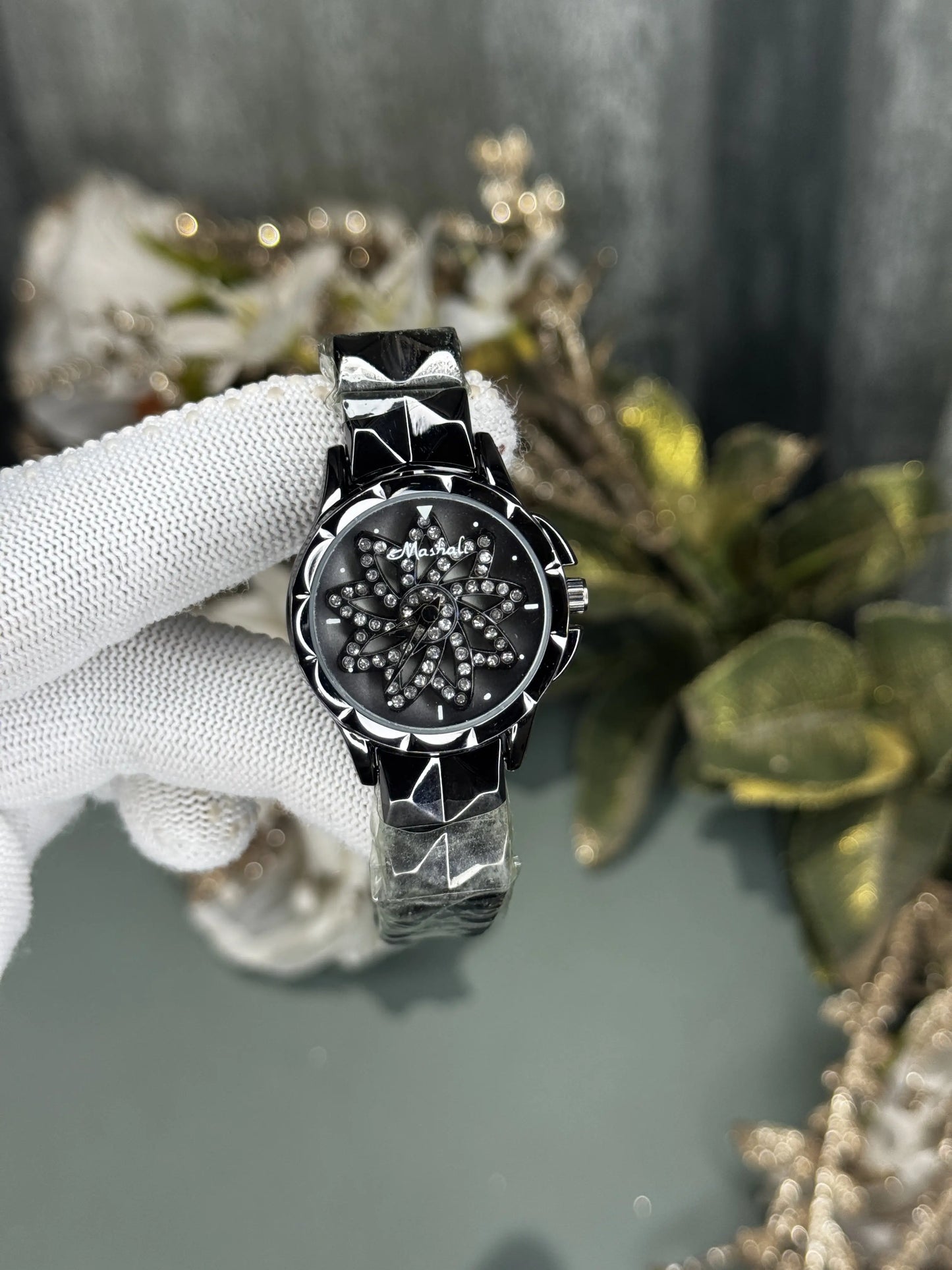 Mashali All Black Rotating Floral Premium Watch