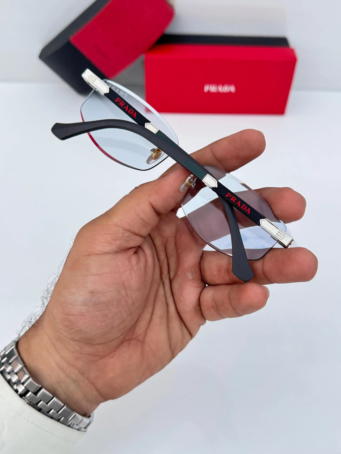 Pr-ada_124_Silver_Blue Rimless Premium Shades